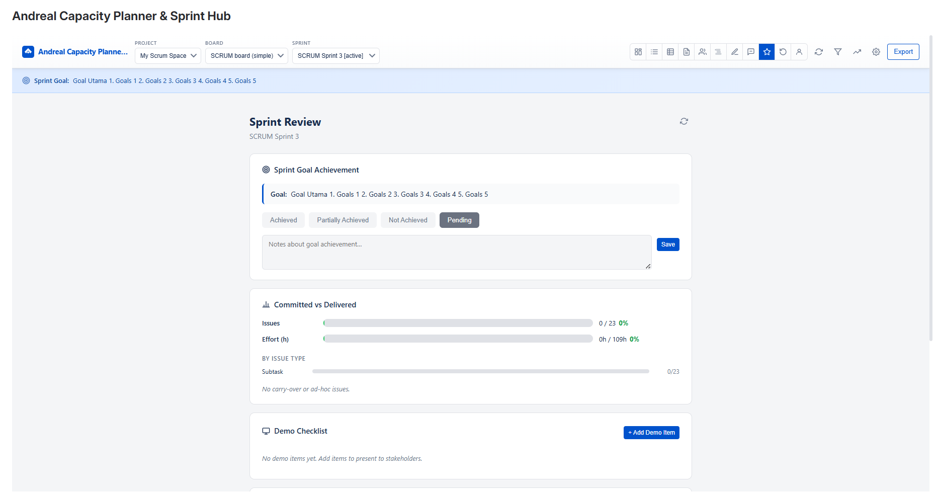 Sprint Review — goal achievement, committed vs delivered, demo checklist