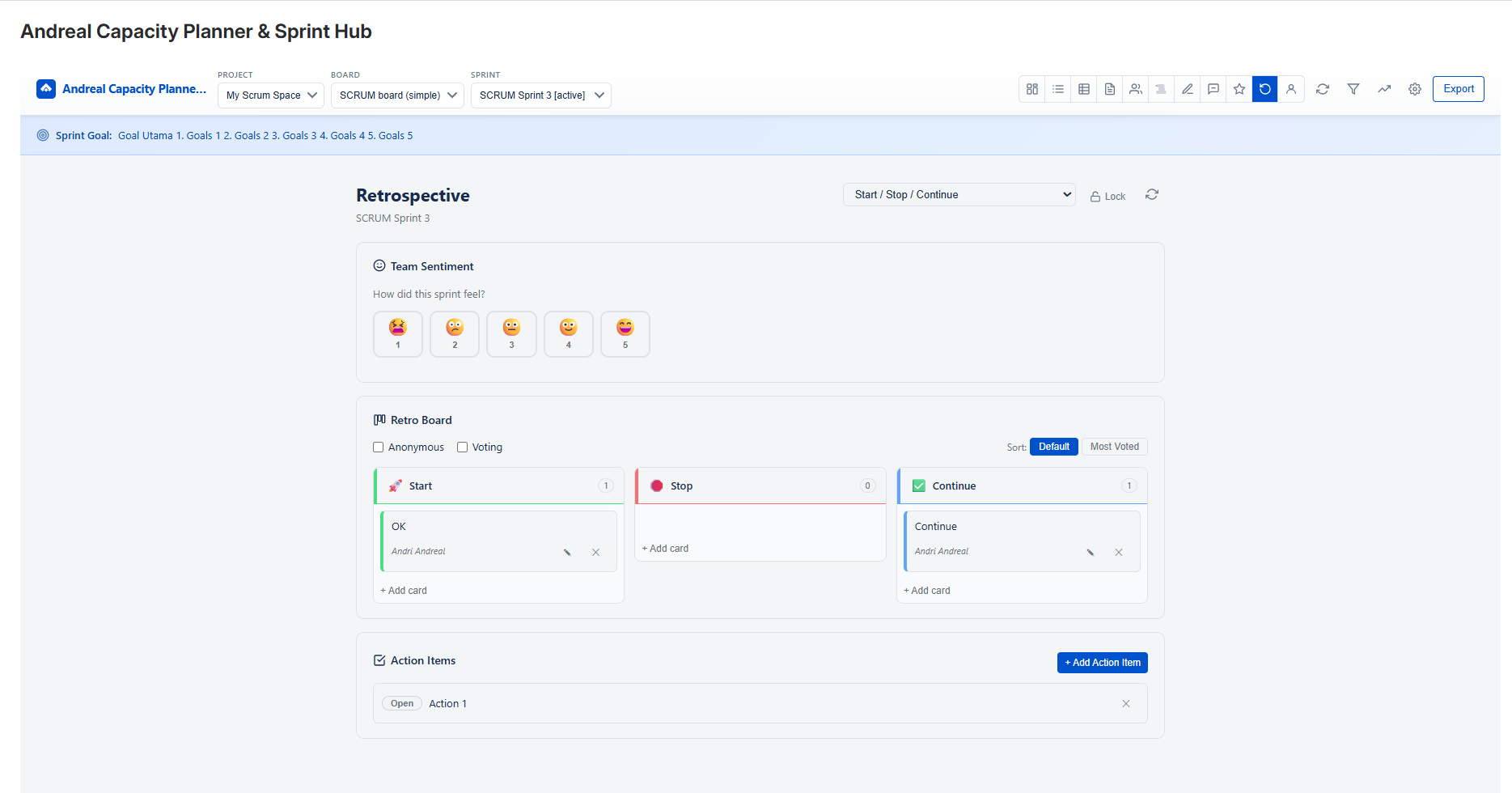 Retrospective — retro board, team sentiment, action items